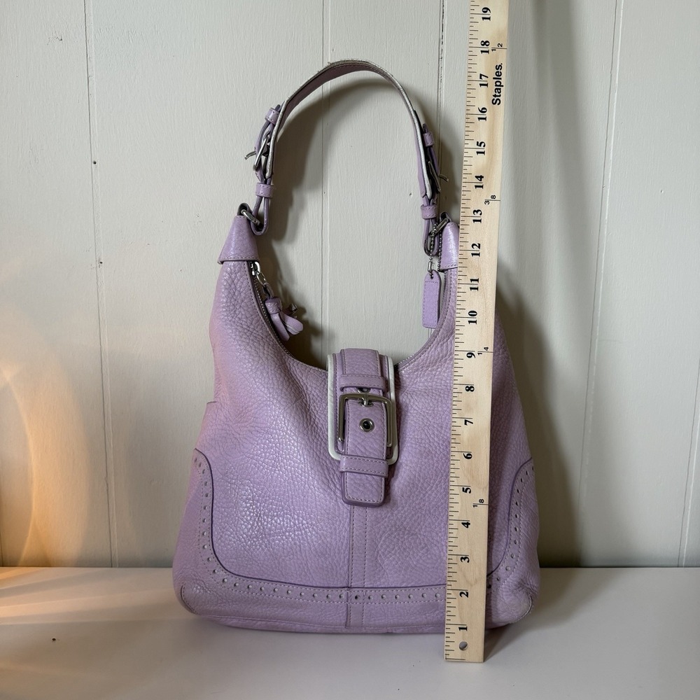 Coach Lilac Pebbled Shoulder Bag Buckle Accent Silver Hardware Designer Classic - Picture 13 of 14